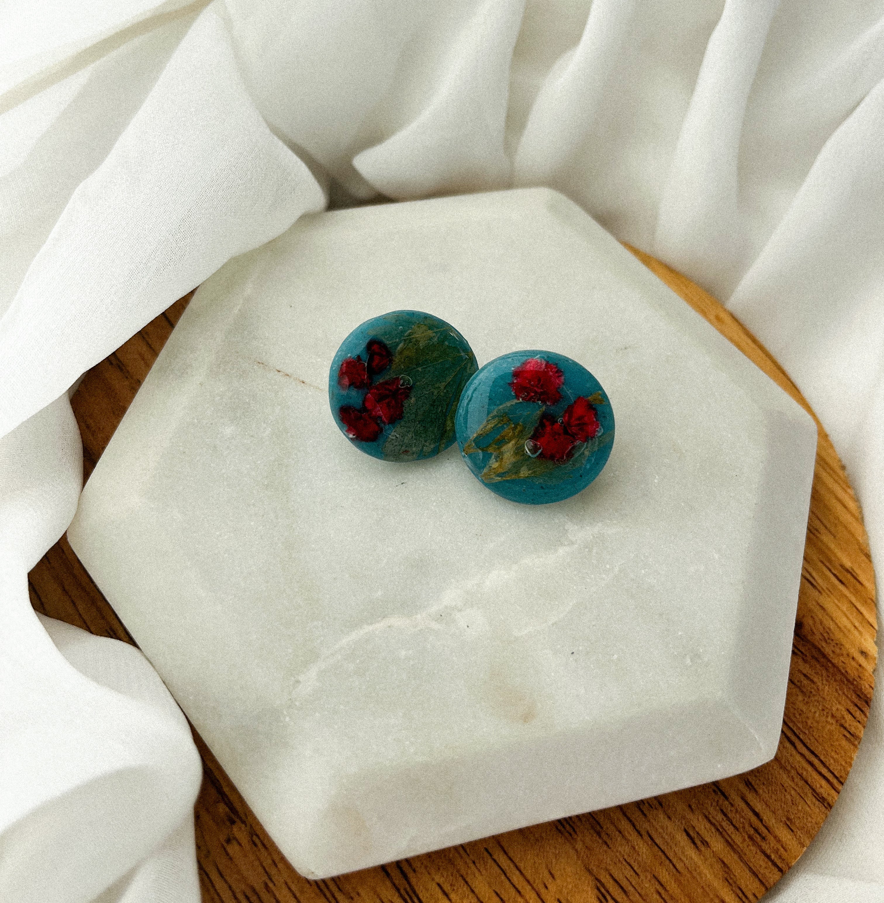Transparent Teal Studs w/ Pressed Flowers