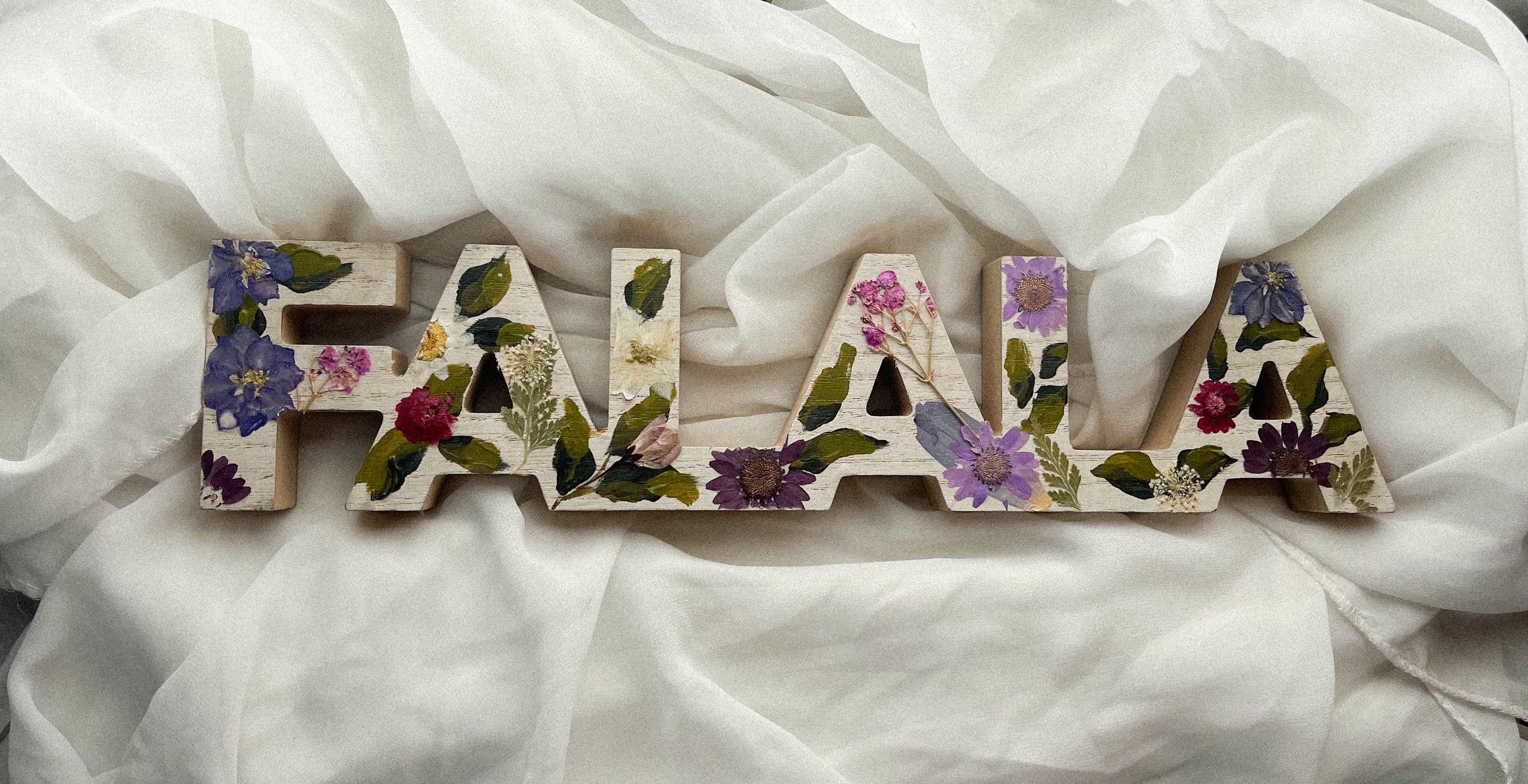 Wood FALALA Sign w/ Pressed Flowers