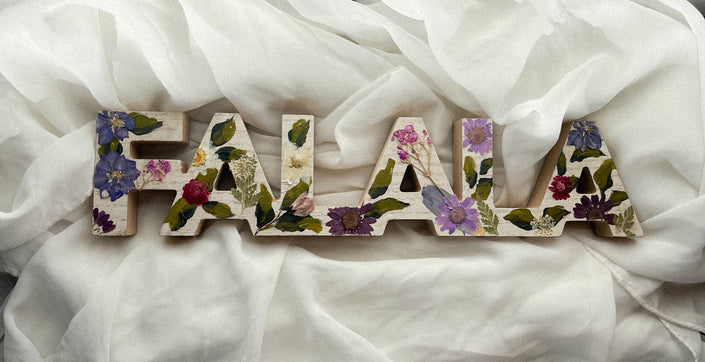 Wood FALALA Sign w/ Pressed Flowers