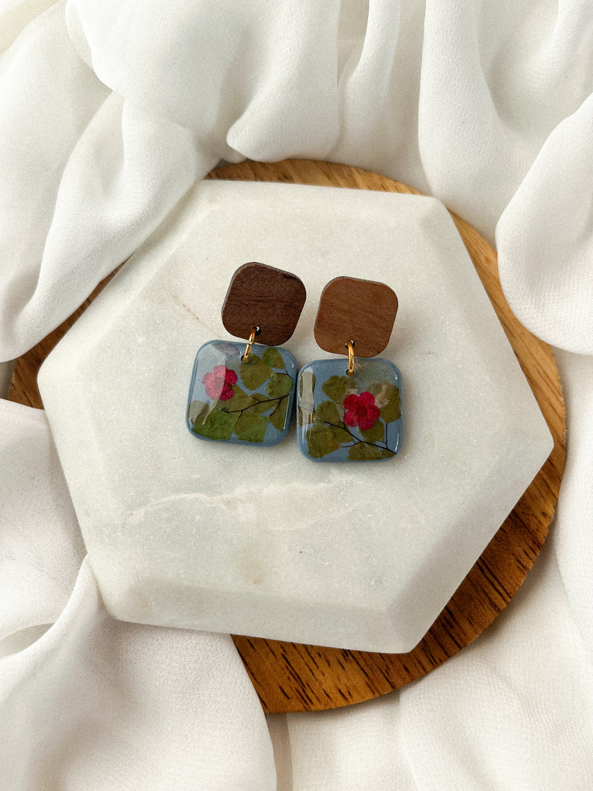 Denim Blue Dangles w/ Pressed Flowers