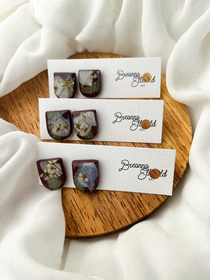 Dark Auburn Studs w/ Pressed Flowers